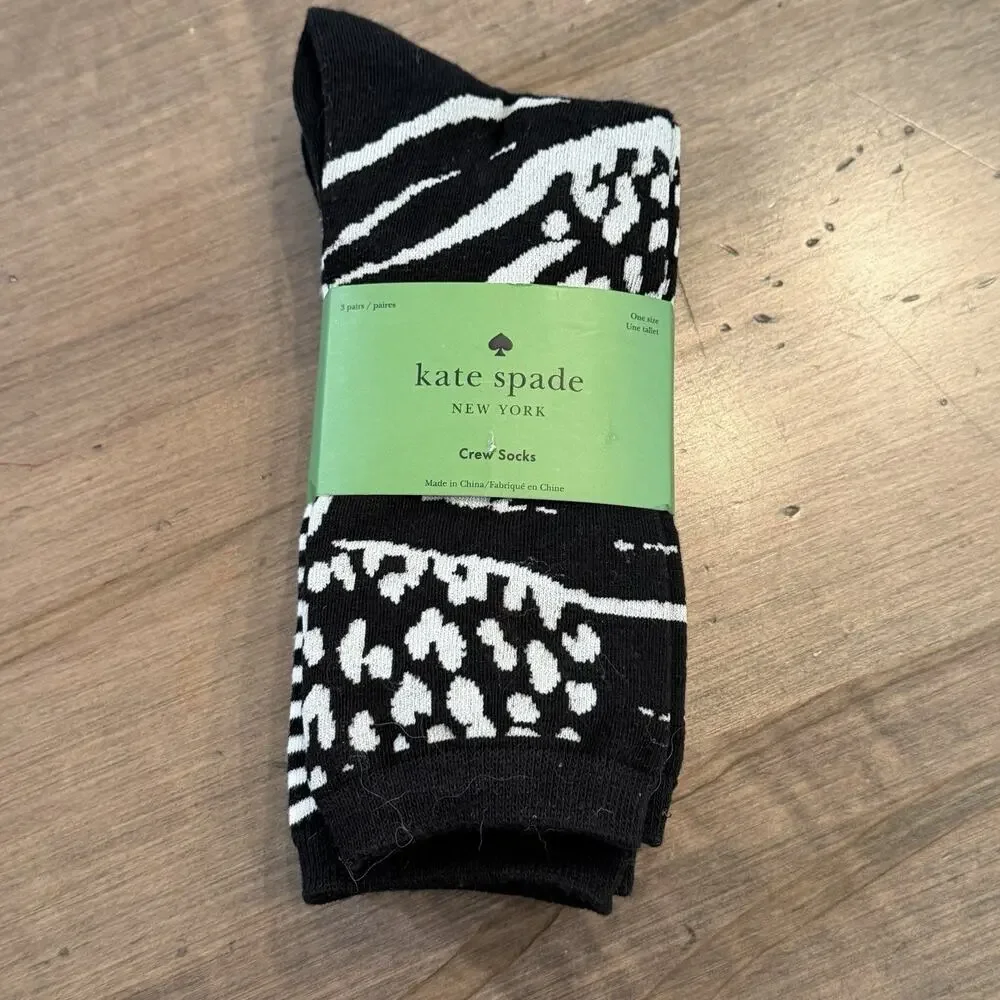 Kate Spade Womens 3-pack Crew Socks 3pk Black Animal Floral Print 4-10 M NWT